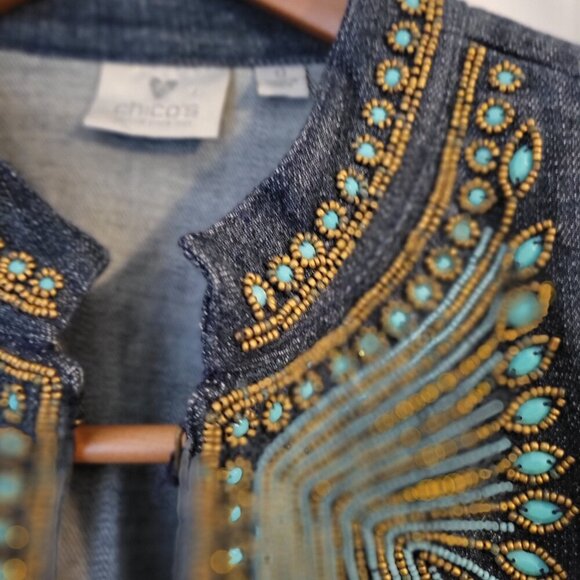 Women's Chico's Size 0 Denim Beaded Turquoise Jacket Coat S - Picture 2 of 3
